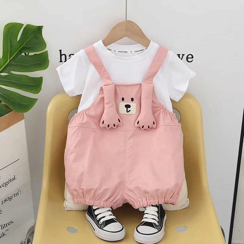 

2024 Designer Baby Boy 18 Months Old Summer Clothes for Kids Lovely Short Sleeve T-shirts + Overalls Girls Boutique Outfits Set