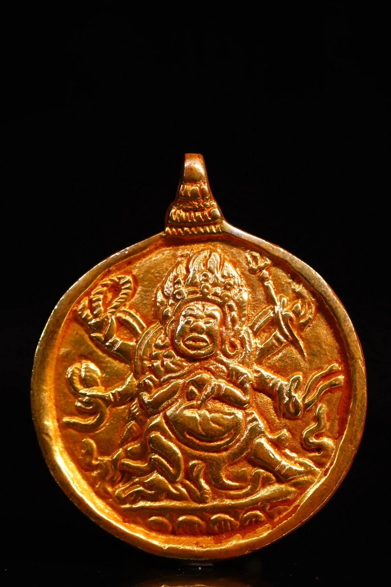 

2"Tibetan Temple Collection Old Purple Bronze Cinnabar Six Arm Mahakala Buddha Card Amulet Pendant Town house Exorcism