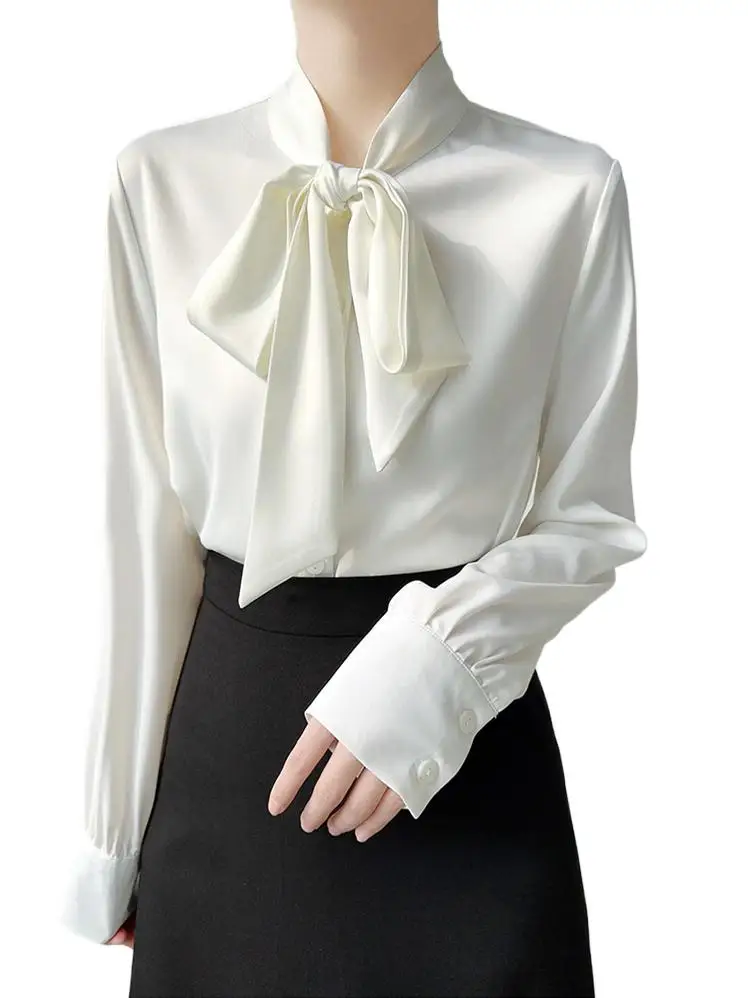 

Office lady blouse ice silk tops Autunm White Satin shirt plus size Spring elegant lace up shirt 6XL blusas camisa feminina