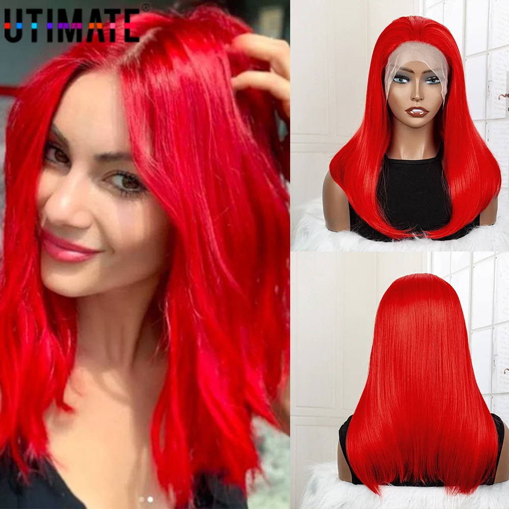 Red Synthetic Bob Wigs Shoulder Length Straight Wigs for Women Lace Front Wigs HD Lace Bright Red Wigs Heat Resistant