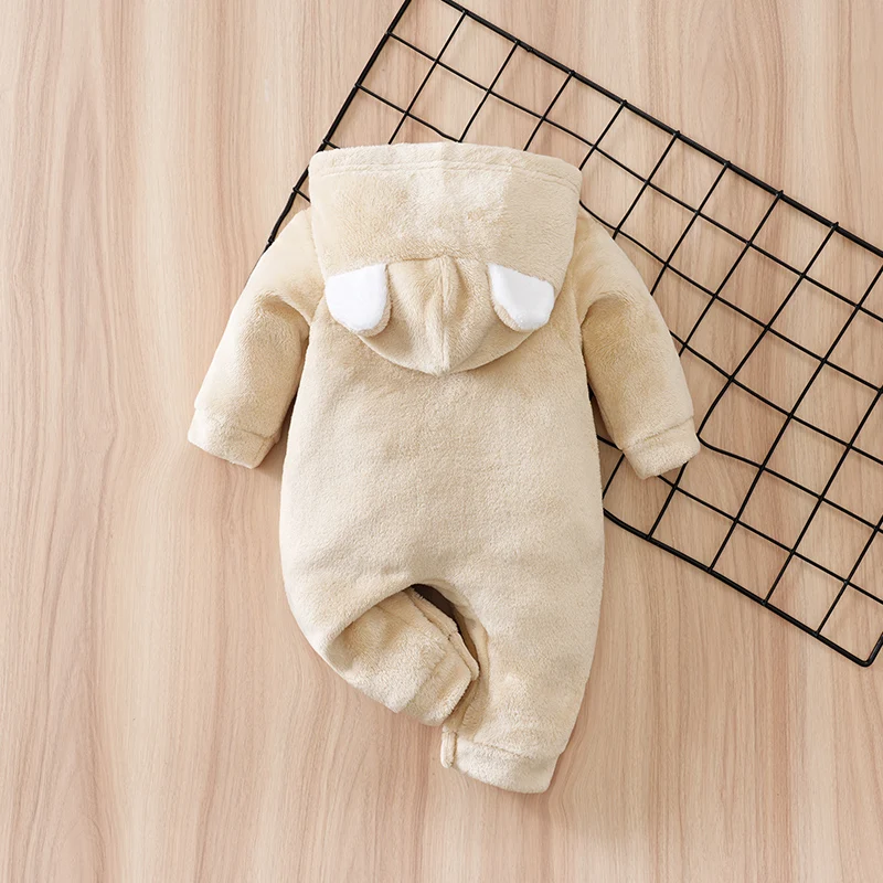 Newborn Baby Romper Winter Flannel Beige bear Hooded ears long sleeve Unisex Baby Pajamas 0-18 months Comfort Clothes
