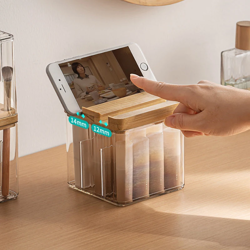일본식 나무 데스크탑 투명 플라스틱 보관 상자 테이블 화장품 메이크업 브러쉬 보관 보관 상자 면봉 홀더