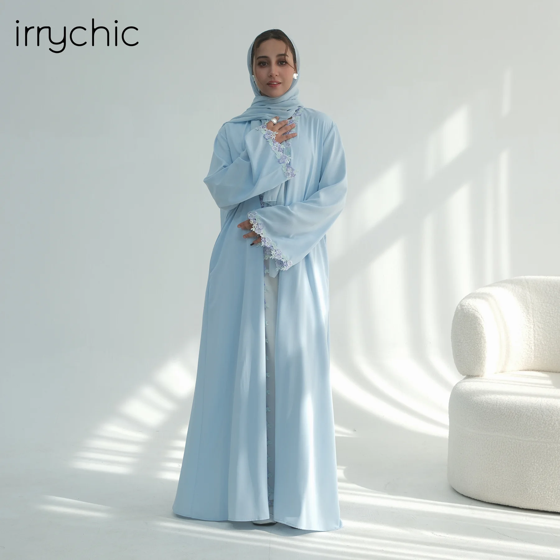 

Ramadan 3D Embroidered Kaftan Abaya with Belt Plus Size Modest Open Front Robe Dress