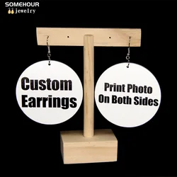 SOMEHOUR Wholesale Customized Earrings Wooden Drop Dangle Both Sides Printing Personalized Photos Pendant Jewelry For Women Gift