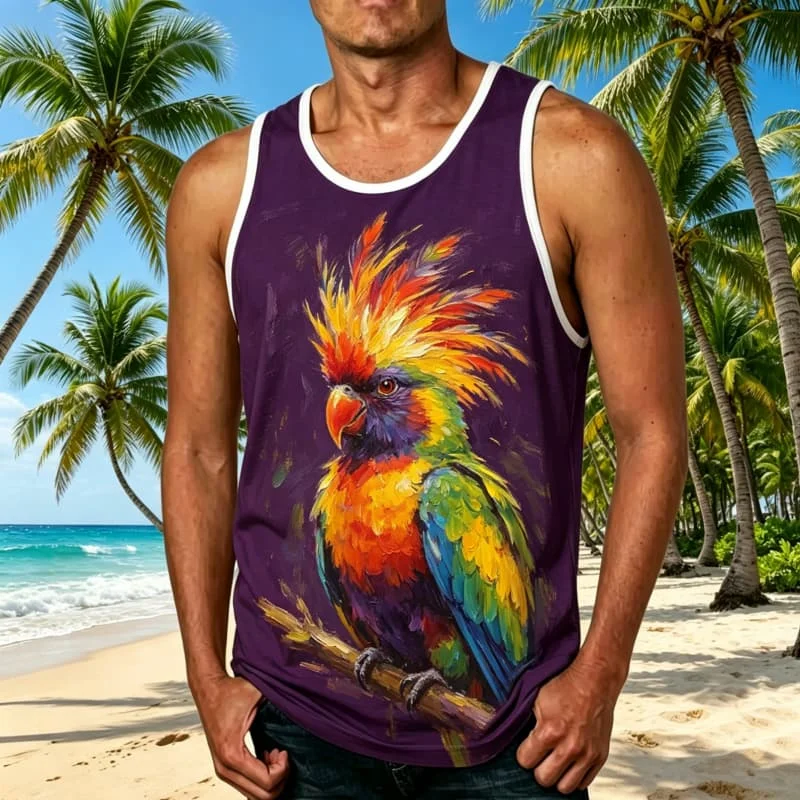 Men's Tropical Animal Oil Painting Printed Sleeveless Tank Tops, for Evening Outings, Pool Parties & Everyday Summer Matching