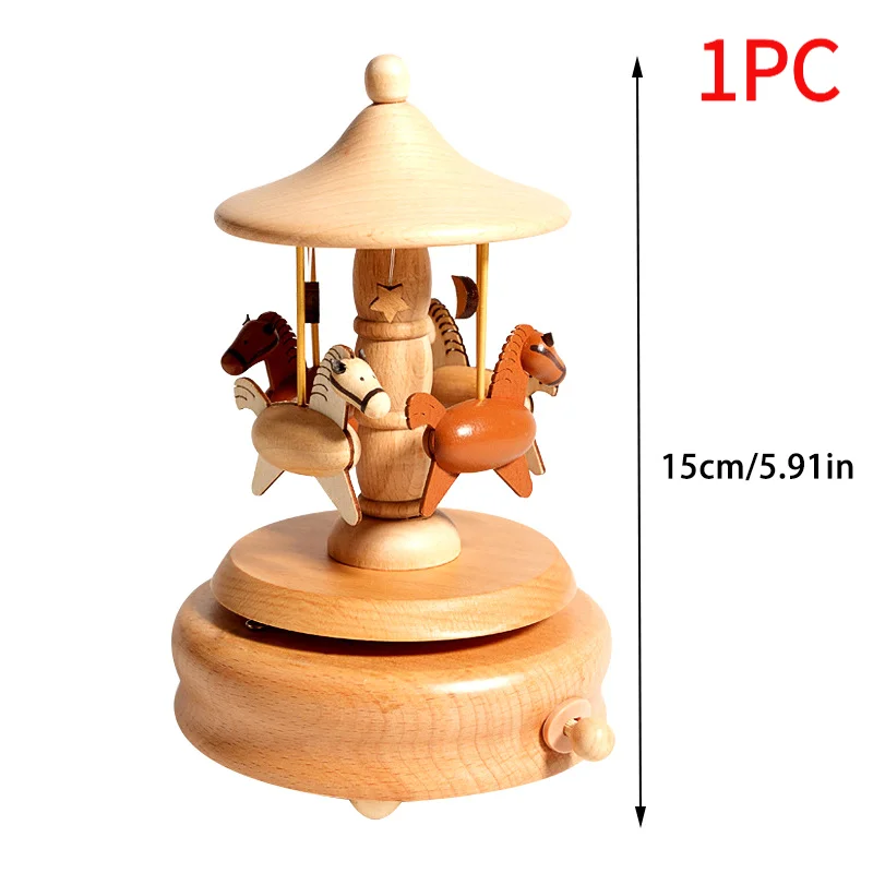 1PC Wooden Carousel Music Box Ornaments Rotatable Hand-cranked Music Box DIY Handmade Birthday Christmas Gift Children’s Toys.