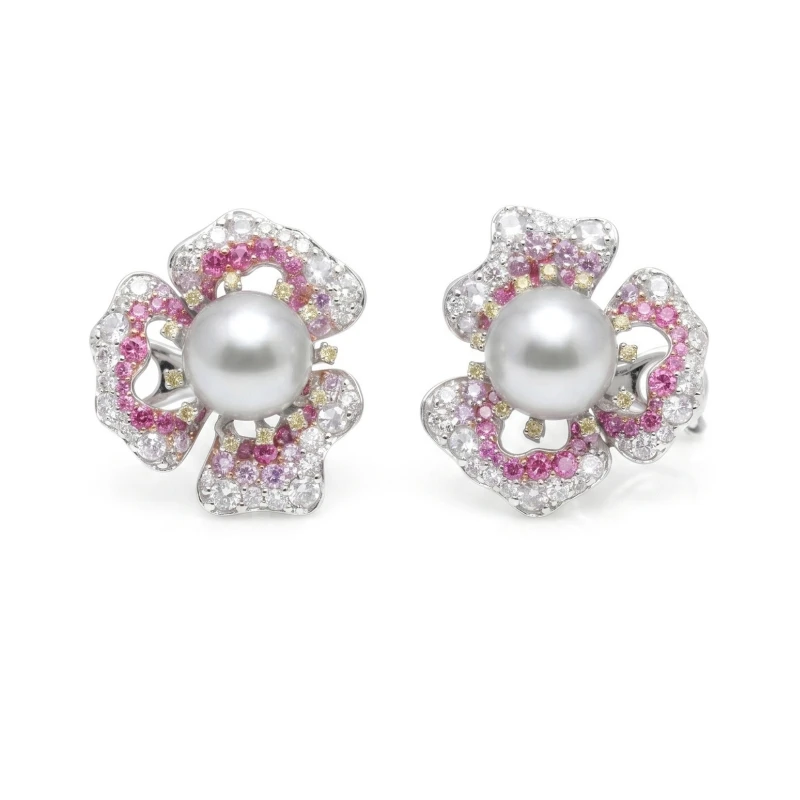 Bellux 925 Sterling Silver Plated 18K Real Gold High Carbon Diamond 10mm White Shell Pearl Romantic Flower Pink Earrings