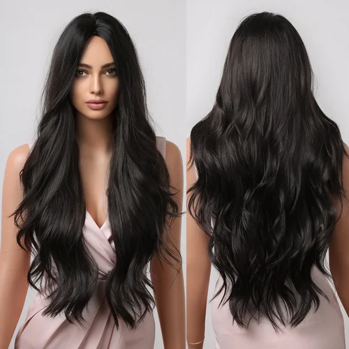 Pelucas sintéticas onduladas largas para mujeres negras, peluca marrón oscuro, pelo Ondulado de separación media Natural, pelo de Cosplay diario resistente al calor
