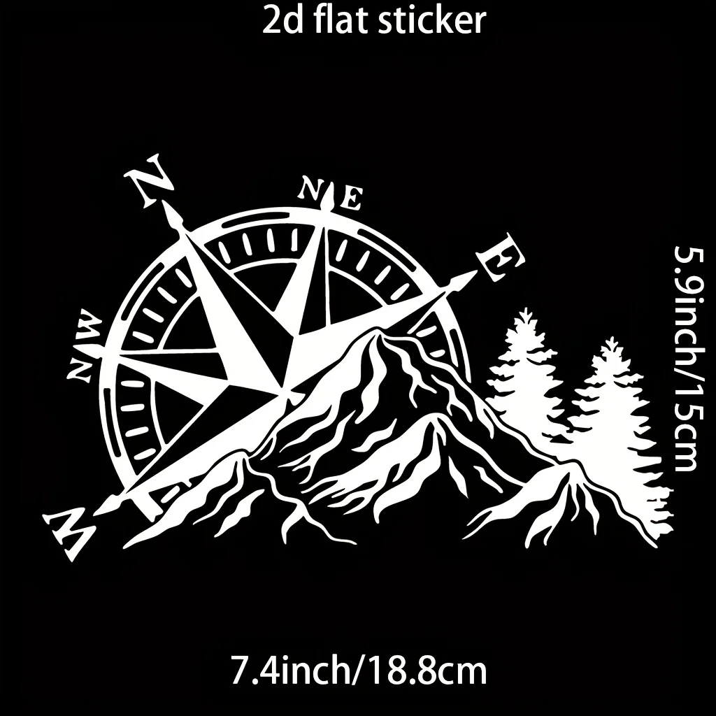 1Pc 2D Flat Compass Mountain Pine Tree Vinyl Sticker, Black White Self-Adhesive Decal for Car & Laptop Decor
