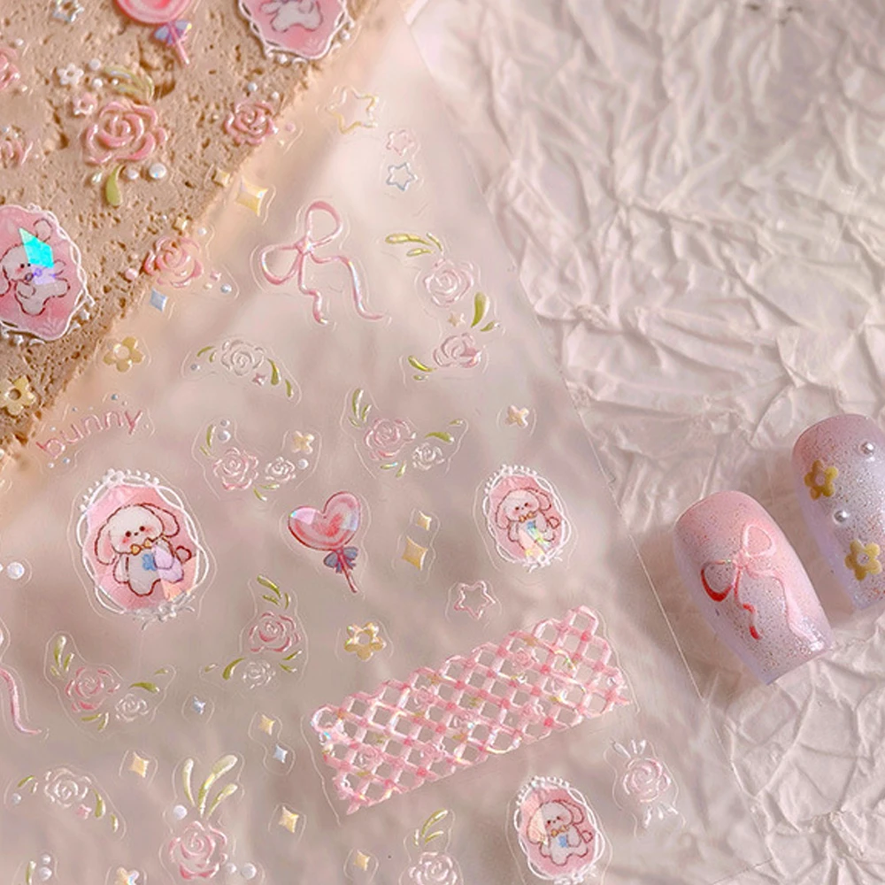 

Pink 5D Bunny Rabbit Stars Rose Flower Bowknot Love Candy Sweetheart Nail Art Sticker Self Adhesive Decoration Manicure Decals