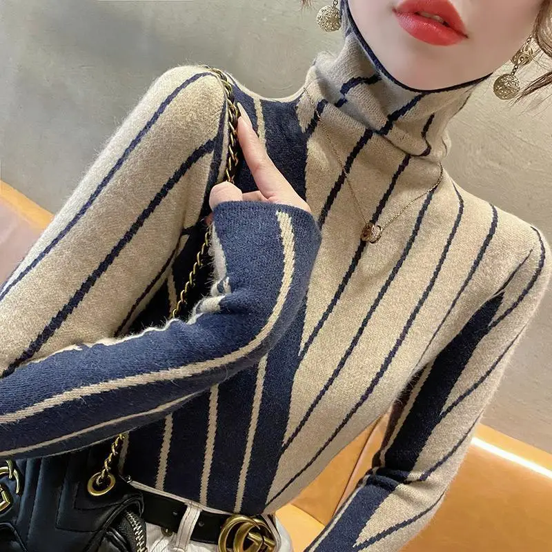 Women\'s Autumn Winter New Fashion Elegant Stripe High Neck Pullover Casual Versatile Long Sleeve Slim Fit Sweater Knitted Tops
