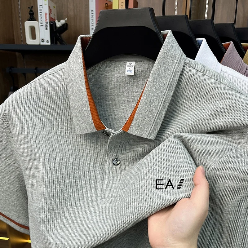 Summer Men Polo Shirt, Unique Color Block Button Collar, Minimalist Design, Chest Embroidery, Breathable Short Sleeve Casual Top