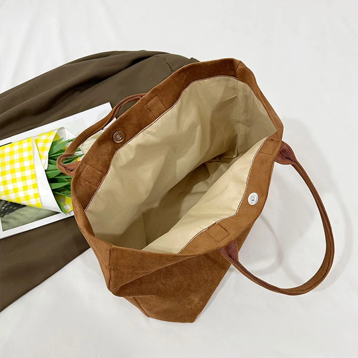 Magnetic Clasp Casual Suede Tote Bag with Solid Color Letter Print Large Capacity Versatile Daily Commute Shopping image 4
