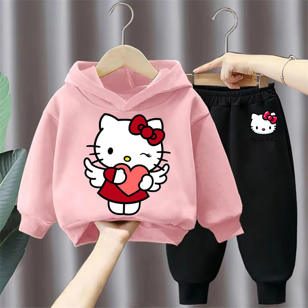 

Весенние комплекты толстовок с принтом «Hello Kitty» для девочек, детский дышащий спортивный пуловер и брюки, костюм из двух предметов, детский спортивный костюм