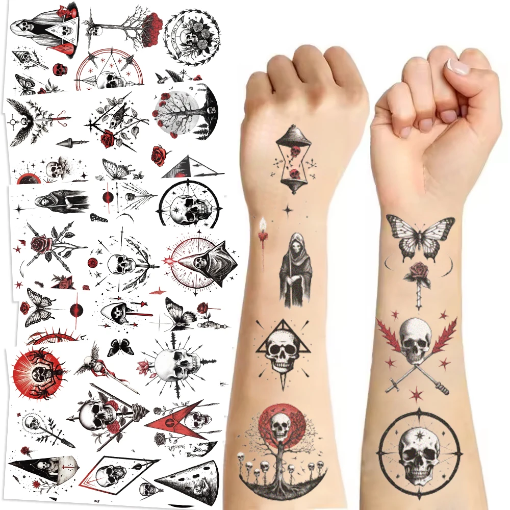 10Sheets Dark Skeleton Skull Temporary Tattoos For Women Adults Realistic Waterproof Fake Tattoo Sticker Back Tatoos Body