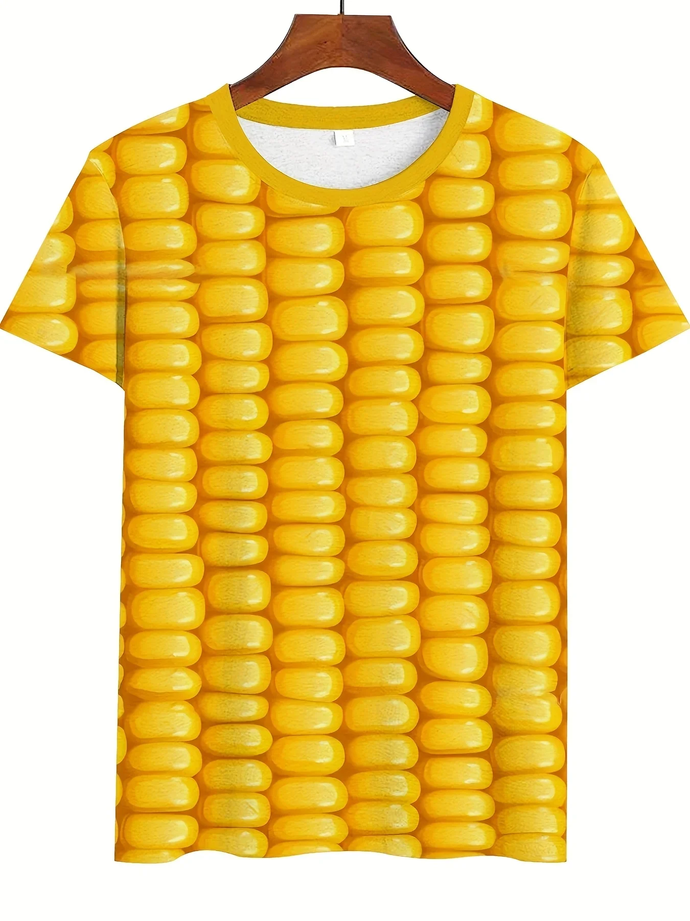 Trendy Men's Funny 3D Corn Cob All Over Print T-Shirt Realistic Corn Kernel Graphic Short Sleeve Tee Novelty Casual Food Top