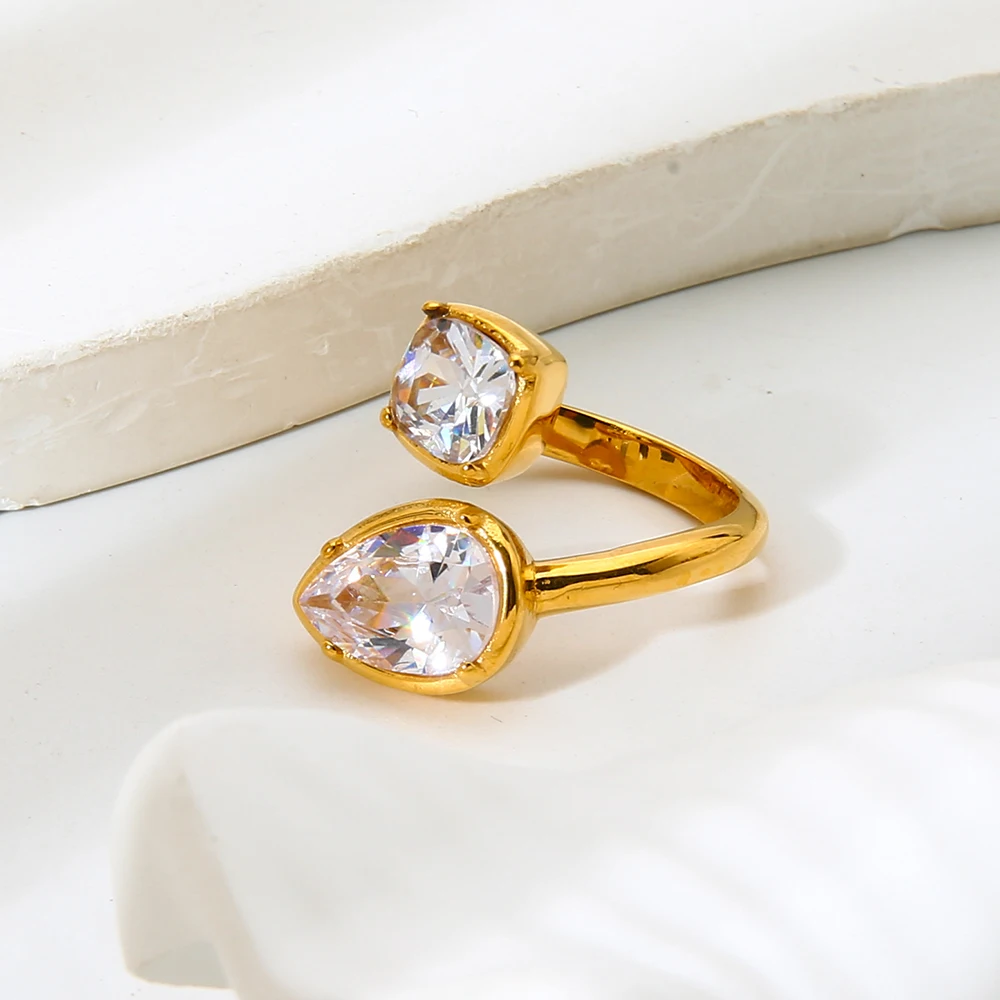 

Sparkling Teardrop Square Cubic Zirconia Open Ring 18K Gold Plated Stainless Steel Waterproof Luxury Elegant Jewelry for Women