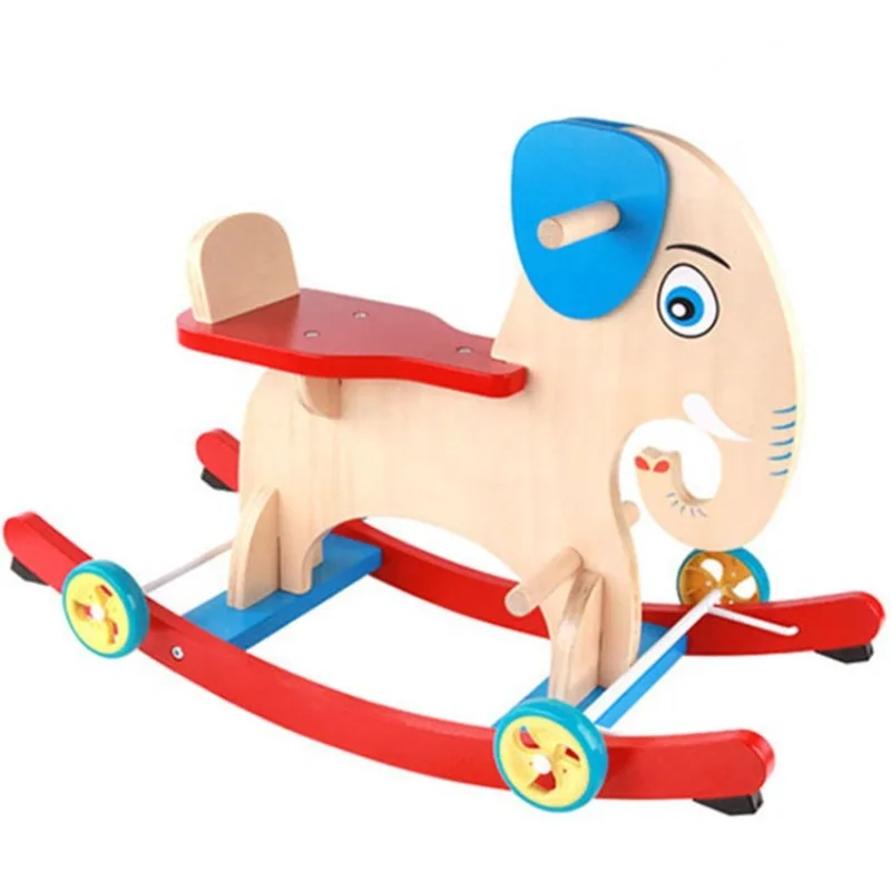 Wholesale Elephant Design Wooden Rocking Horse Baby Wood Ride Animal Toys with Wheels