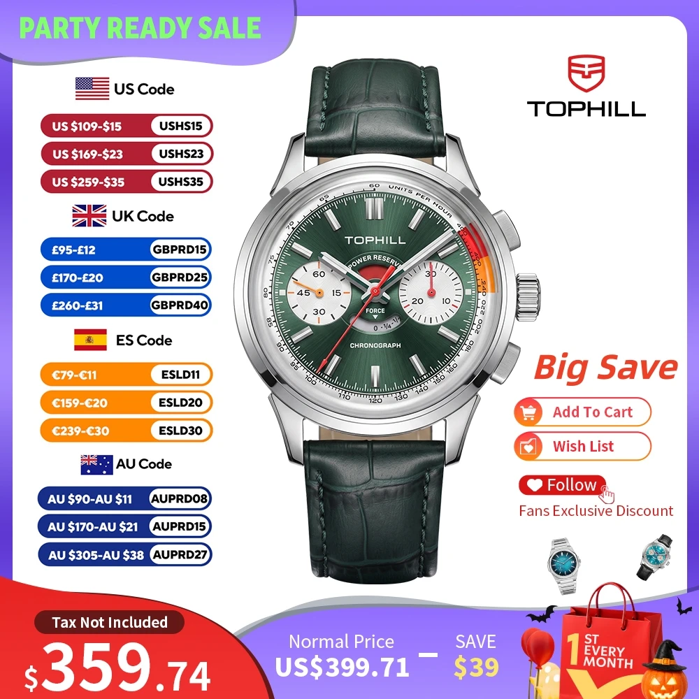 TOPHILL+ Watch For Men Seagull ST1905 Retro Hand-Wound Chronograph Reloj Domed Sapphire Crystal C3 Luminous 5Bar KIM003G