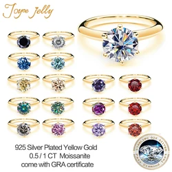 JoyceJelly 6.5MM 1ct Moissanite Ring For Women Yellow Gold Color Sterling Silver 925 Jewelry For Wedding Engagement Anniversary