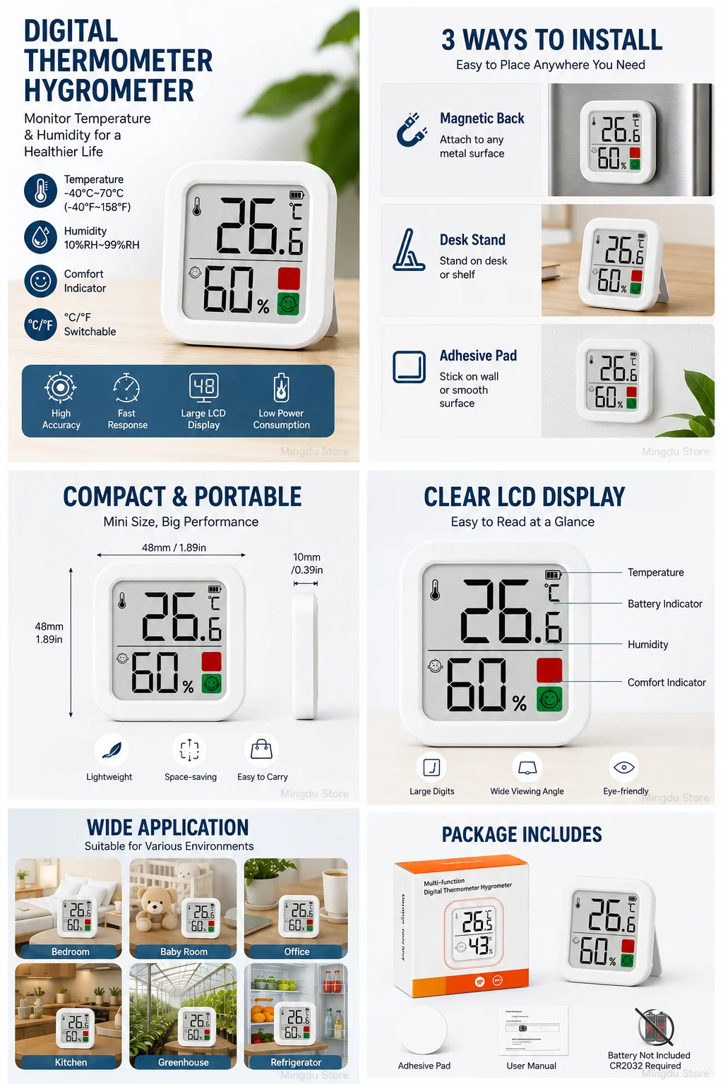 Mini-Digitalthermometer-Hygrometer, Innentemperatur- und Feuchtigkeitsmonitor mit magnetischem Rückständer ° C/ ° F für Babyzimmer Zuhause – Detail 5