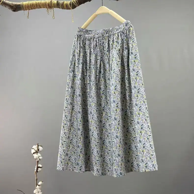 Mori girl style elastic waist blue yellow print midi skirts for women autumn spring Japanese style pure cotton long skirts