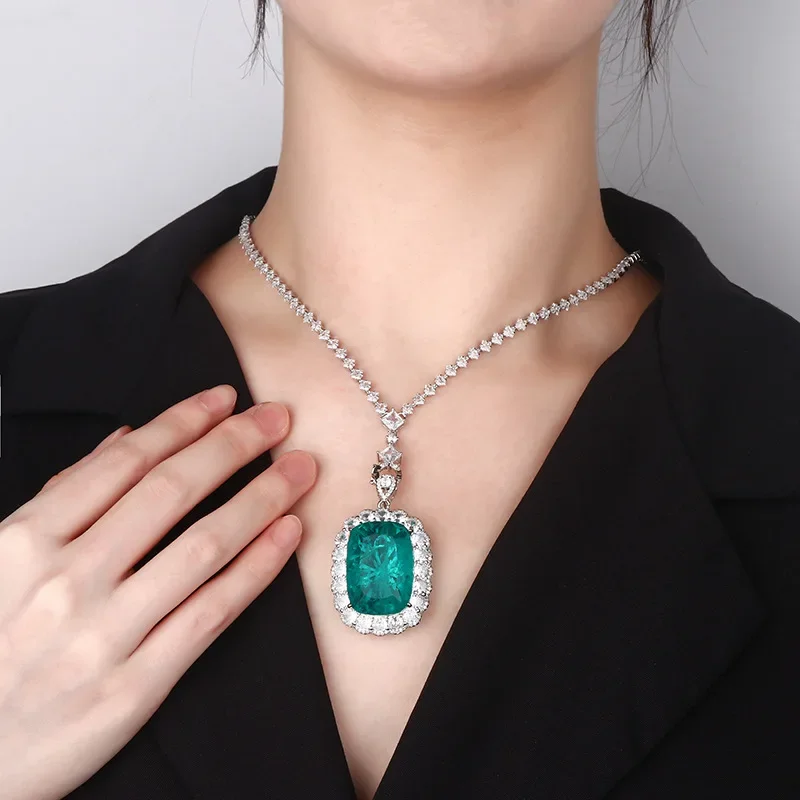 

2025 New Elegant Aqua Blue Gemstone Pendant Necklace with Sparkling Zircon Chain Luxury for Women's Jewelry for Parties Gifts