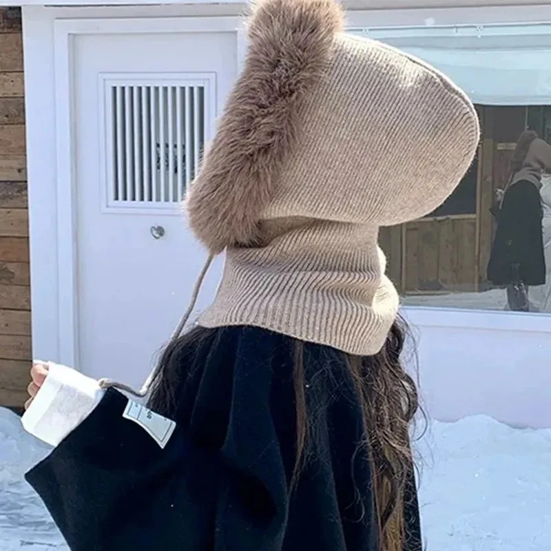 Winter Drawstring Imitation Mink fur collar Knitted Pullover Hat Outdoor Cycling Warm Neck Guard Integrated Women Balaclava Hat