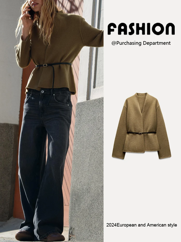 

Spring New Arrival Women's Faionable Woolen Coat V-Ne Long Sve Belted Slimming Outerwear Commute Sle Chinese Made