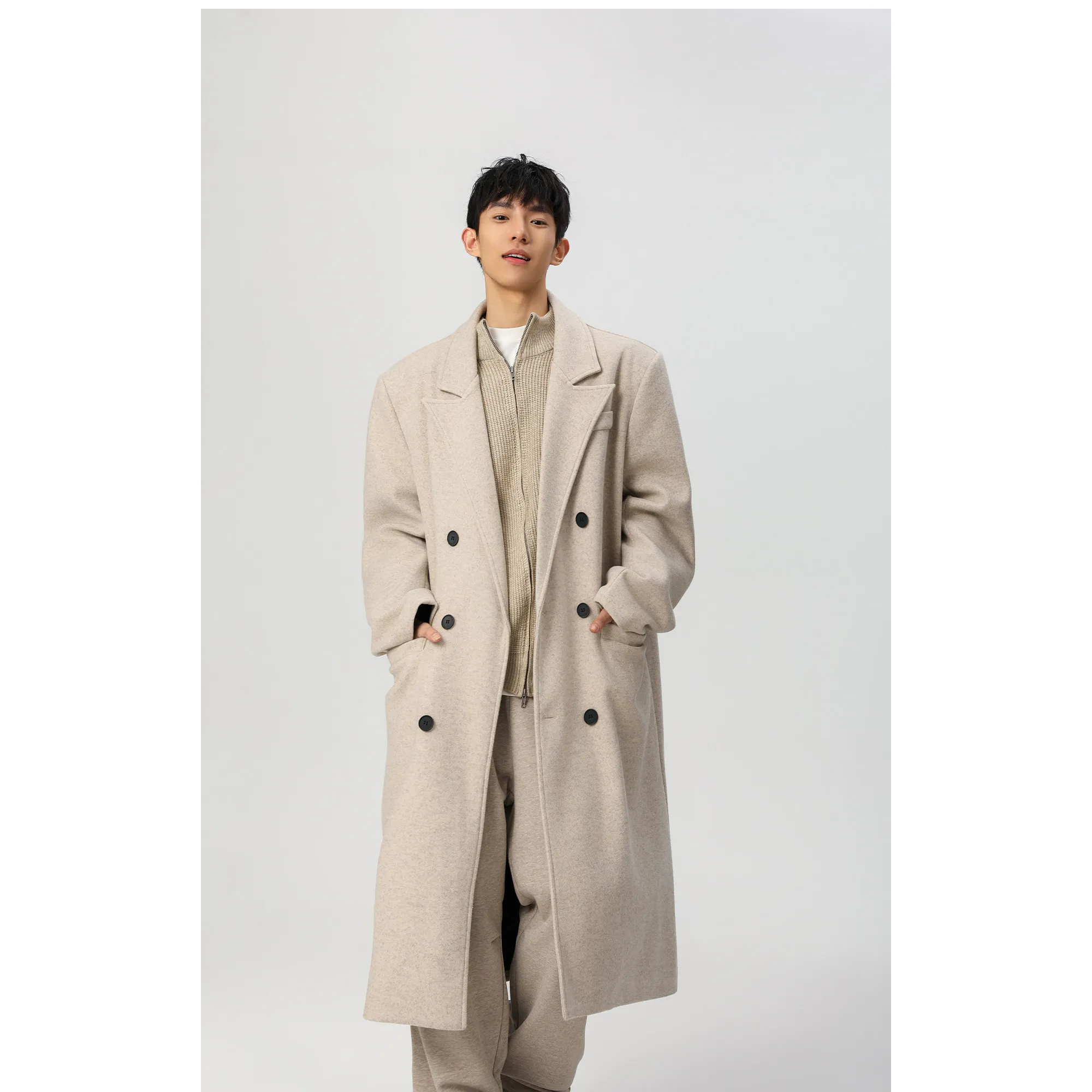 

Trench Coats Double Collar Mens 2026 Trend Leisure Cozy Gentleman's Wool Weather-Resistant Solid Overknee Adult Casual Original