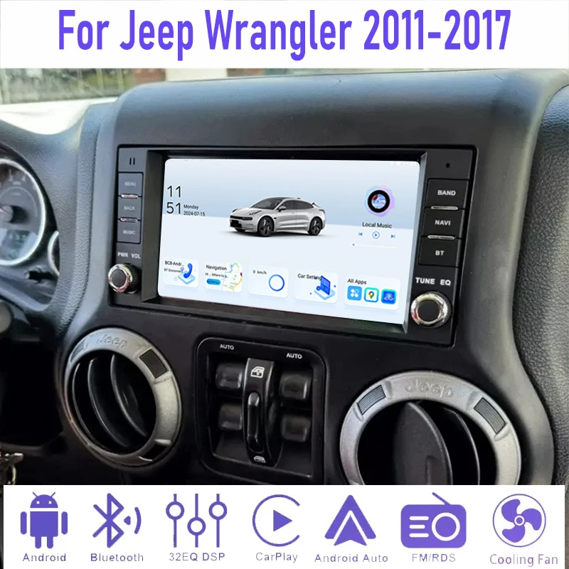 

7” 4+64GB For Jeep Wrangler 2011-2017 Car Radio Android 15 Auto Google Map Steering wheel control Head Unit Wireless Carplay BT