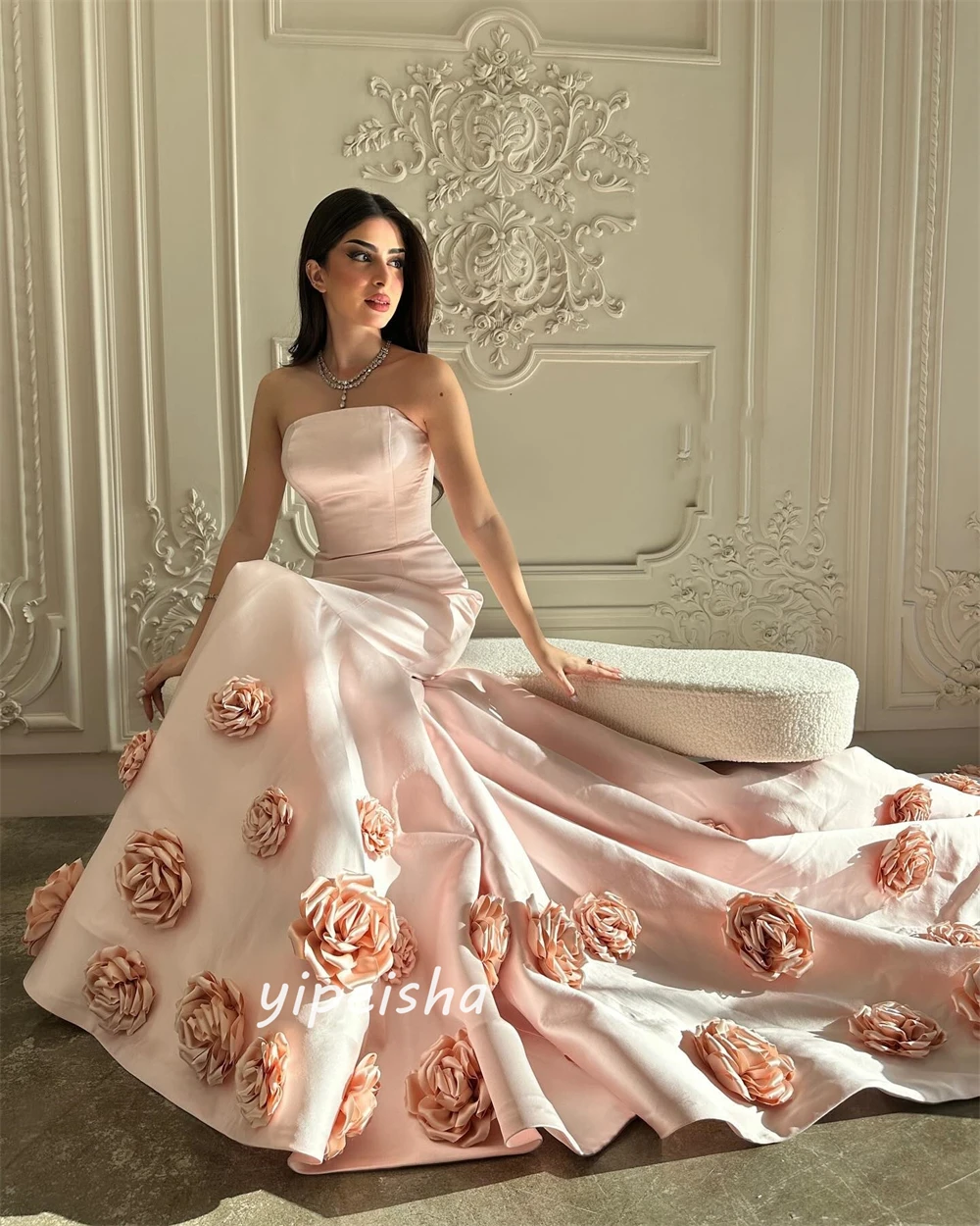 Customized  s Flower Draped Pleat Homecoming A-line Strapless Bespoke Occasion Gown Long Dresses