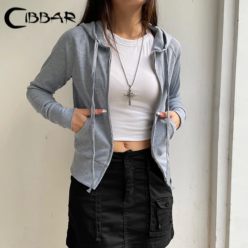 CIBBAR Casual Zip Up Hoodie Cardigan y2k Streetwear Pockets Patchwork Hooded Sweatshirt Women Basic Clothing 2024 Fall Clothing