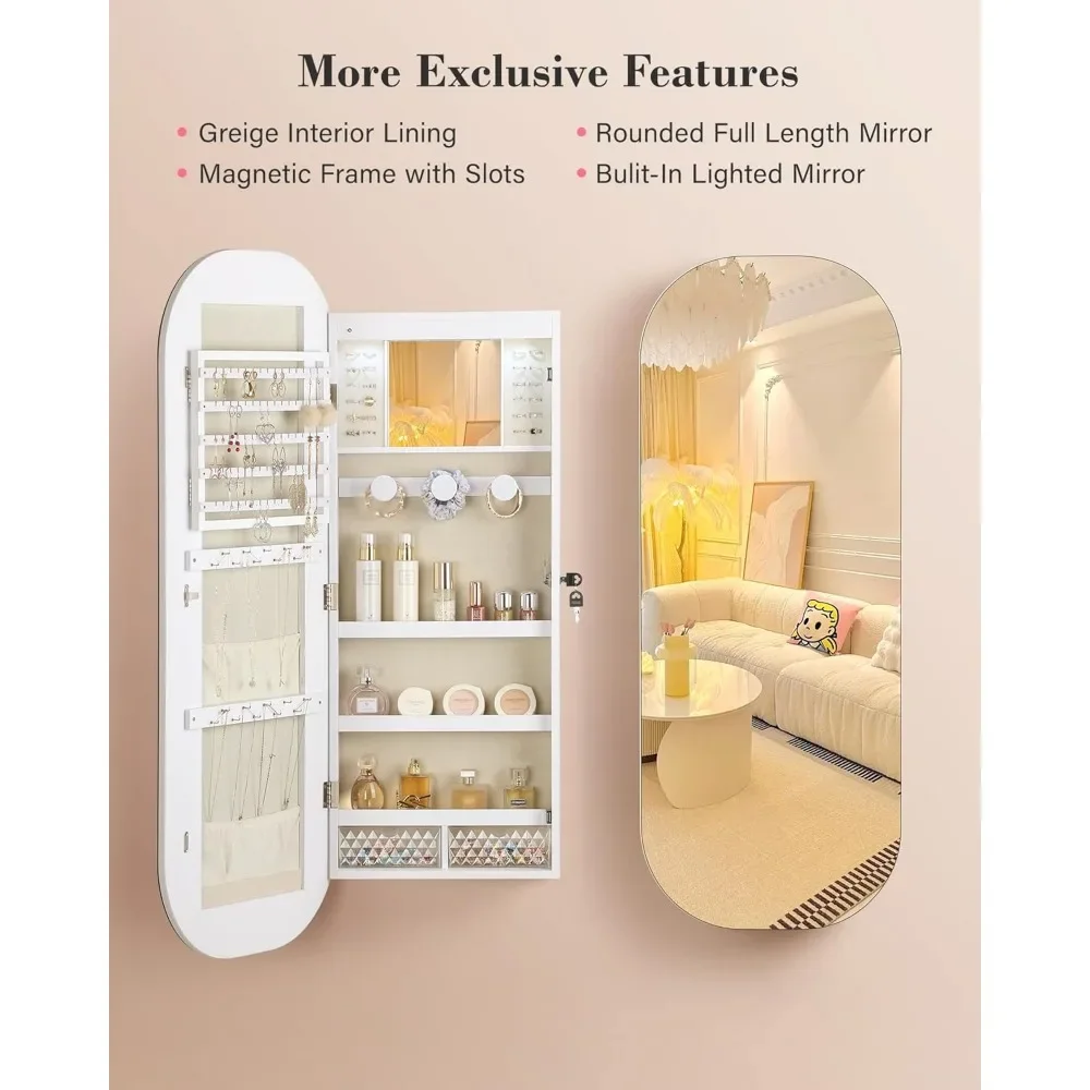 LED Mirror Jewelry Cabinet, Rounded Jewelry Armoire Cabinet, Lockable Wall or Door Mounted Jewelry Organizer with Interior