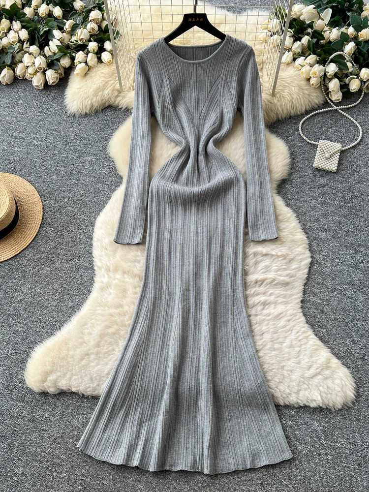 

Винтажное повседневное свободное однотонное трикотажное платье с круглым вырезом и длинными рукавами для женщин, осенне-зимние платья, узкие платья с высокой талией