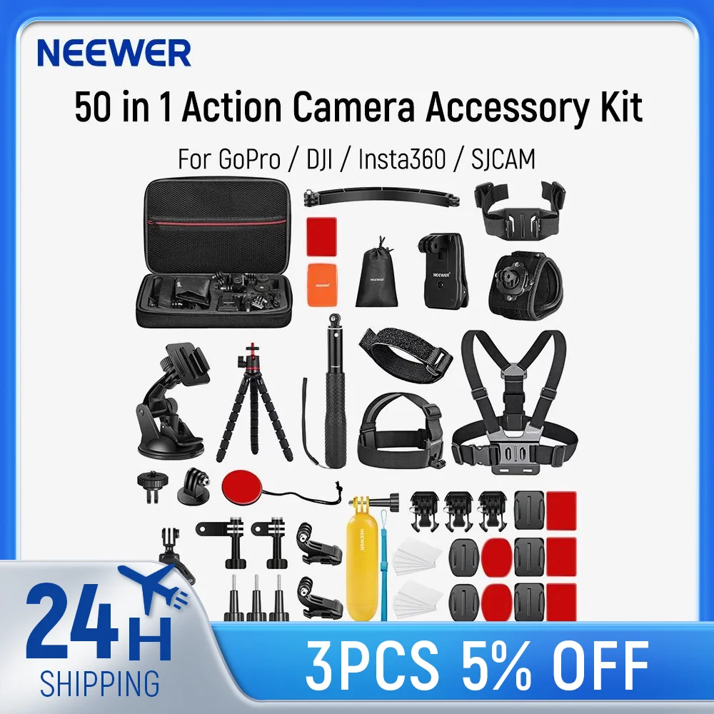 

Комплект аксессуаров для экшн-камеры NEEWER 50 в 1, совместим с GoPro Hero 11 10 9 8 7 6 5 4 GoPro Max GoPro Fusion Insta360 DJI Osmo