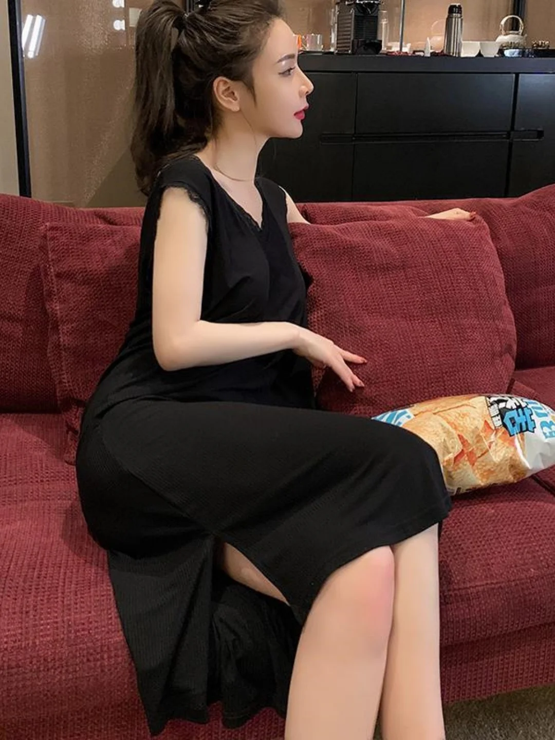

plus Size Lace Splice V-Neck Sleeveless Dress Home Sweet Style Summer Thin Material Mid-Length Sleep Dress for Teen Girls