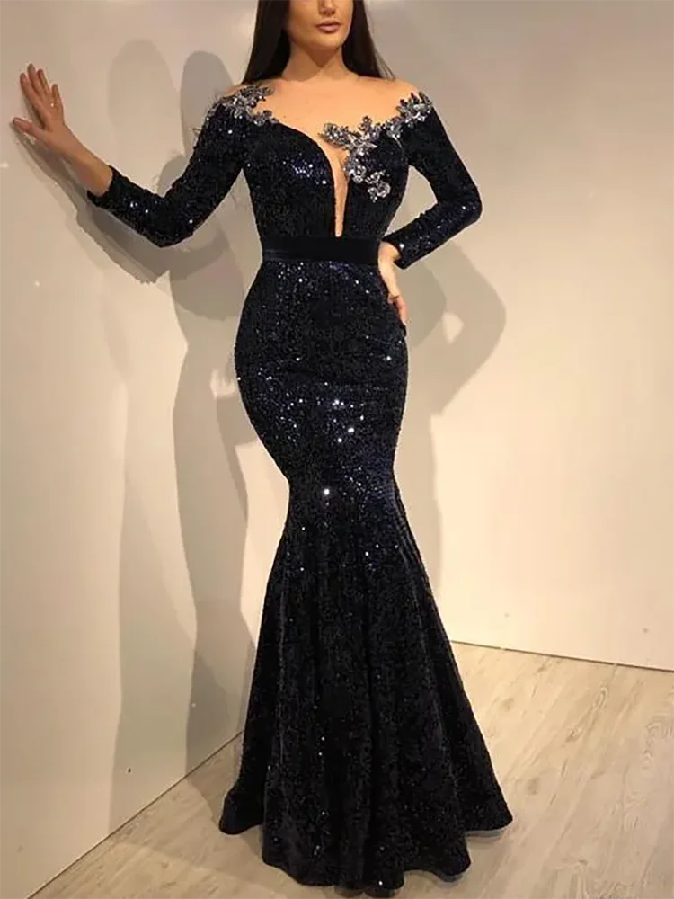 

Navy Blue Long Sleeve Mermaid Evening Dress Bling Sequins Beads Appliqued Formal Party Gown robe de soiree Pr