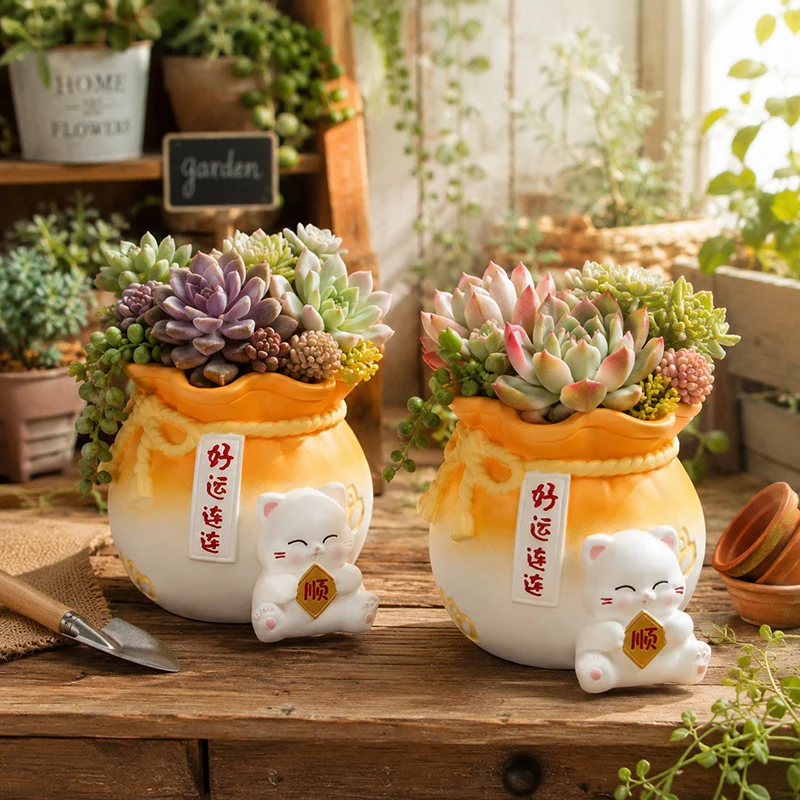 Cute Lucky Bag Cat Resin Planter Figurine Small Succulent Flower Pot For Living Room Windowsill Balcony Table Decor Accent