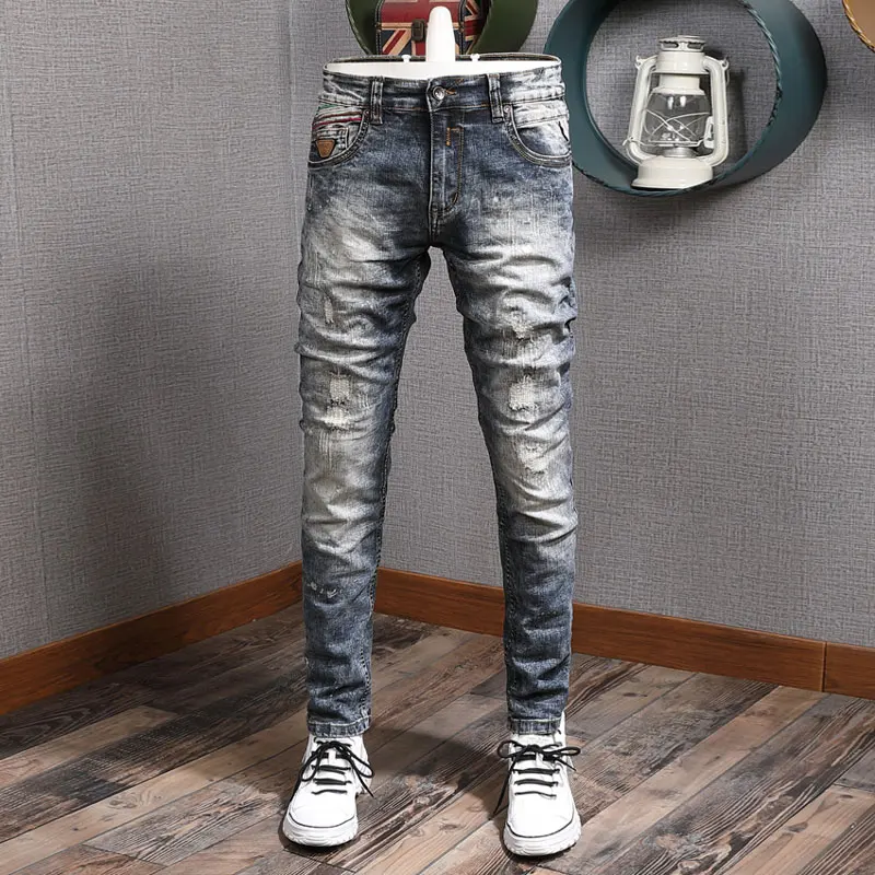 

Fashion Trendy Men Jeans Retro Washed Gray Blue Elastic Stretch Slim Ripped Jeans Homme Vintage Patched Designer Denim Pants Men