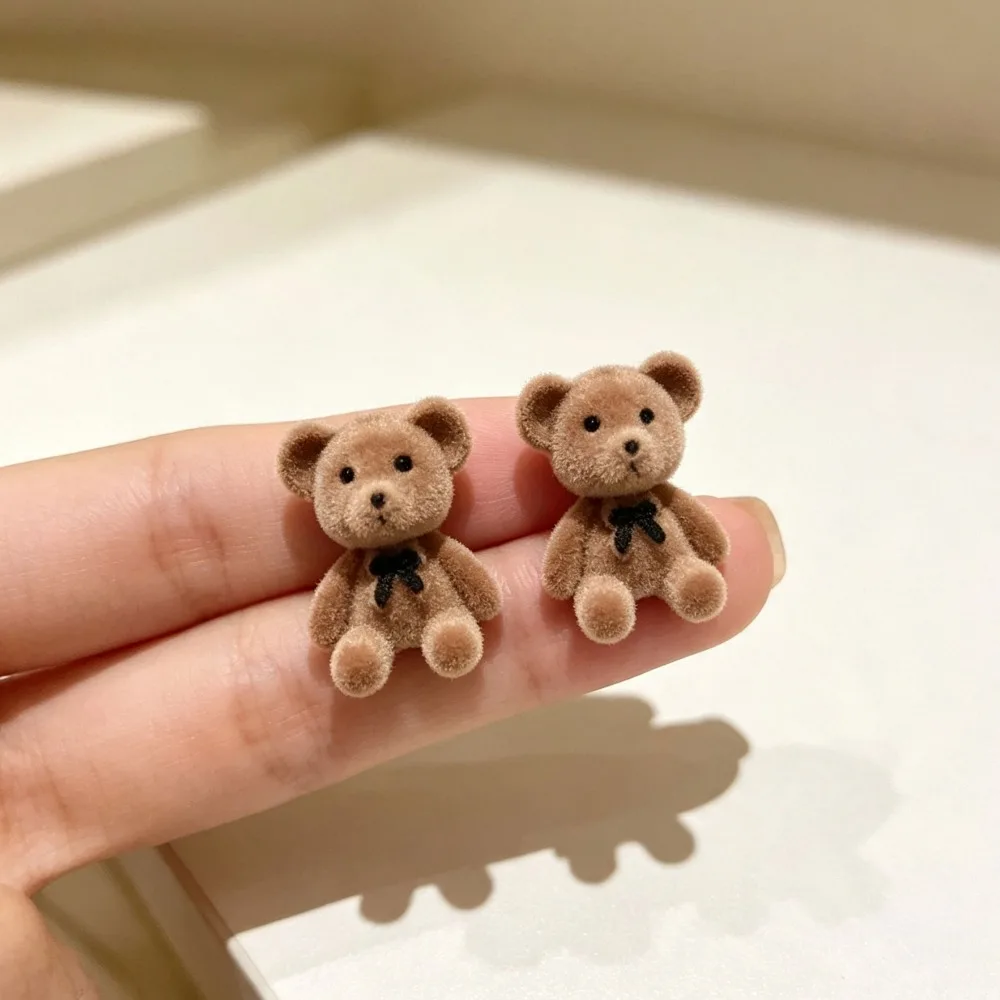 Kawaii Korean Flocking Plush Rabbit Bear Stud Earrings Brown Khaki Animal Jewelry For Women Girls Cute Ear Accessories