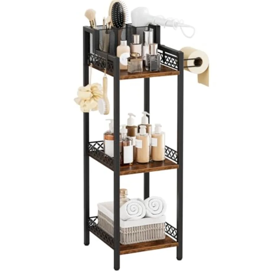 

Bathroom Storage and Organizer Shelf Hair Dryer Holder, 9.85in 3-Tier Narrow Metal Standing Rack with Toilet Paper Holder, Corn