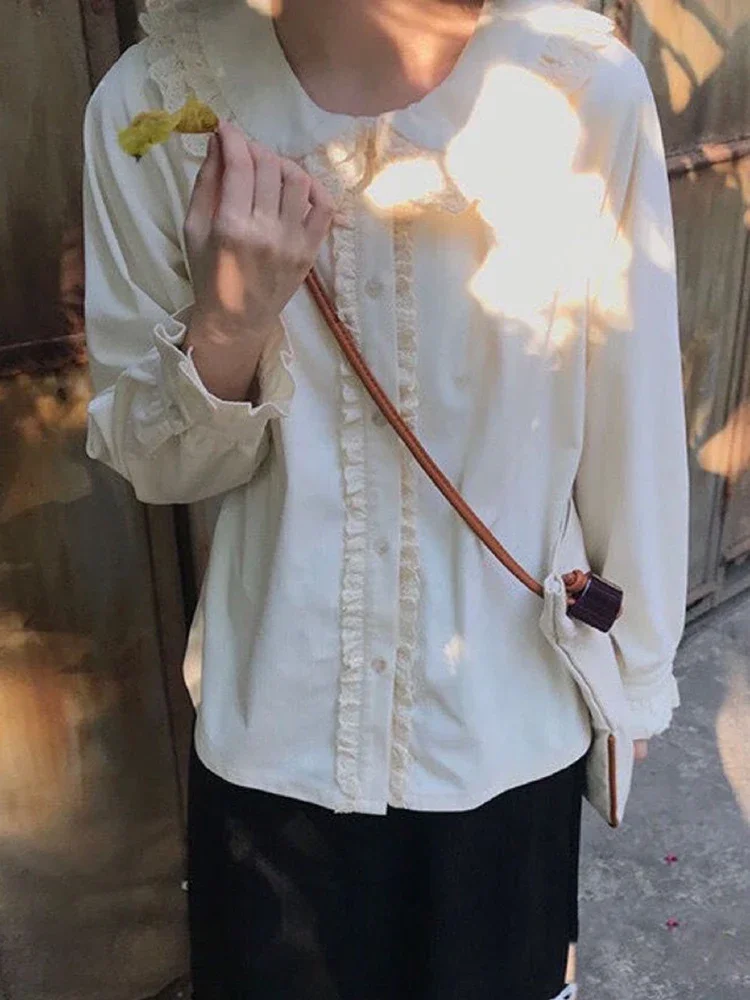 Femmes doux volants chemises décontracté mignon à manches longues japon Blouse Vintage col claudine Kawaii femme Preppy Style hauts