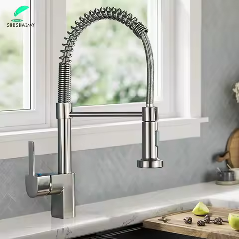 Brushed Nickel Kitchen Faucet Sink Faucet One Handle Spring Hot and Cold Water Tap Deck Mounted Stream Sprayer Stainless Steel