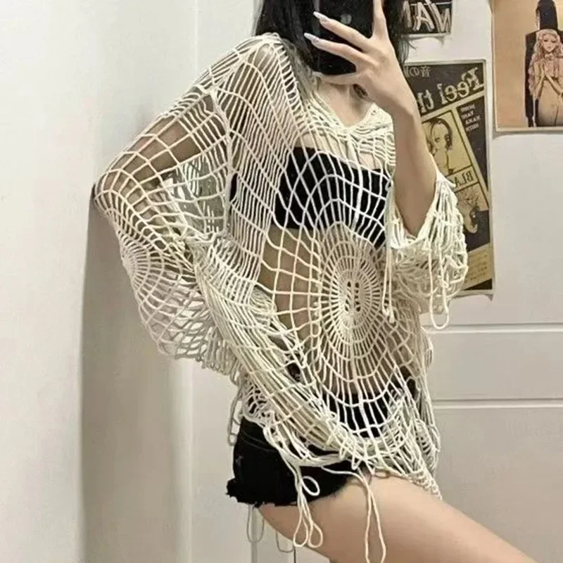 

Women's Hollow Knit Hooded Tops, Goth Spider Web, Spice Girl Mesh Pullovers, Female Korean Fashion, Fishing Net Sweaters, Y2K