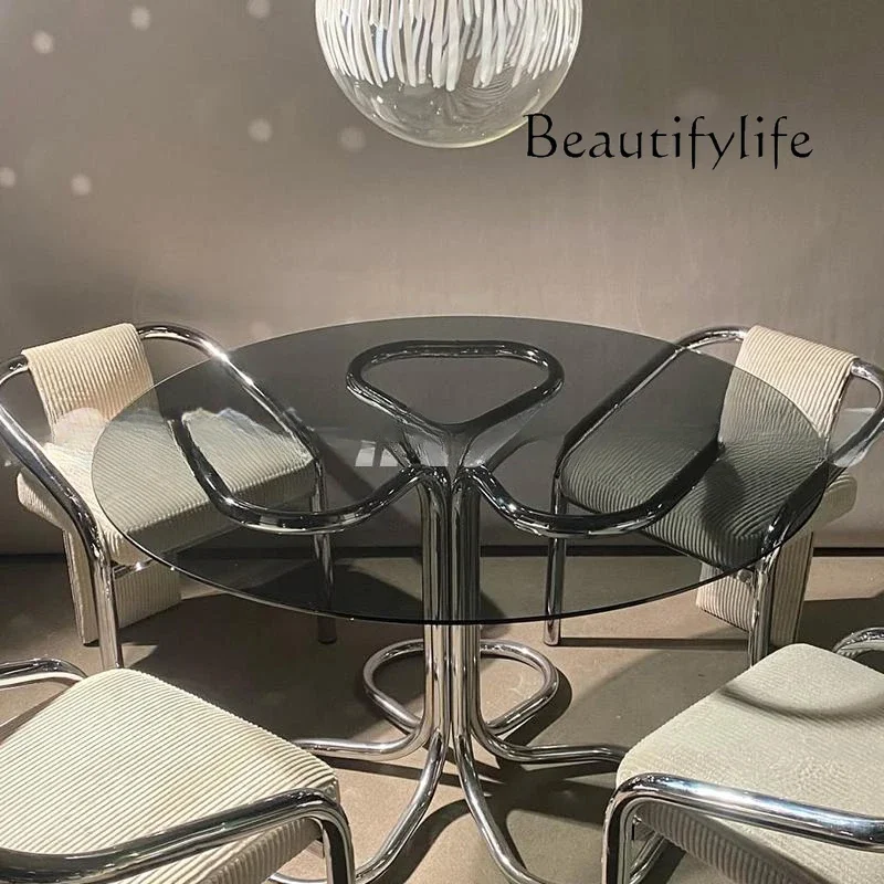 X Nordic Simple Designer Glass Dining Table Home Living Room Guest Table Retro Wrought Iron Dining Table