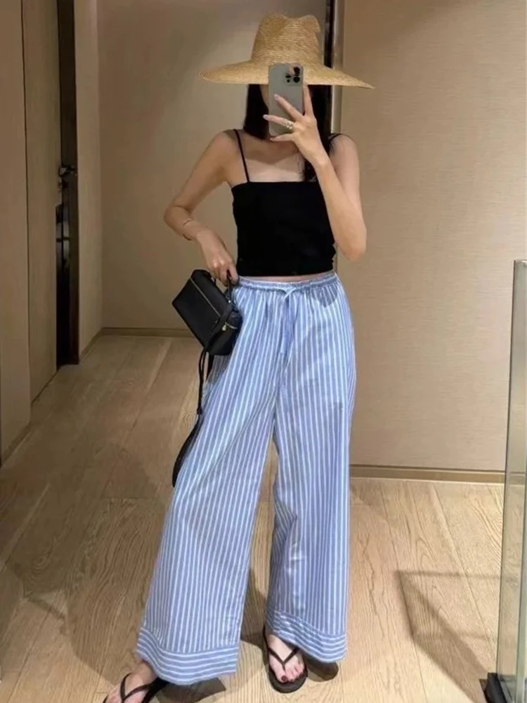 

HH Women Summer Lace-up Striped Strained Slides Wide-Legging Trousers Female Elegant Commuter High Street Casual Long Pants