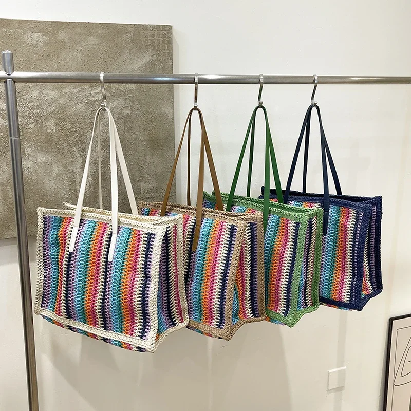 2025 Новая соломенная пляжная сумка большой вместимости, большая вместительная летняя сумка на плечо для женщин, дизайнерская полосатая сумка, дорожные сумки