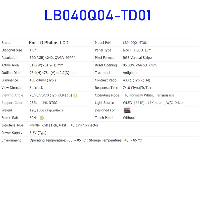 LB040Q04-TD01 Painel de tela LCD original de 4,0 polegadas para LG. Philips LCD novo e envio rápido 100% testado