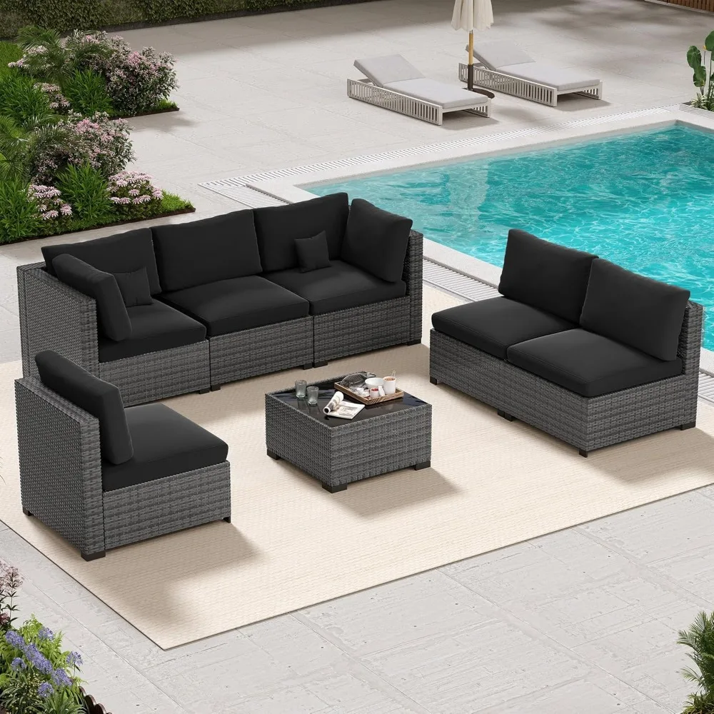 

7 Piece Patio Furniture Set, Outdoor Furniture Patio Sectional Sofa, All Weather PE Rattan Outdoor Sectional with Cushion and Gl
